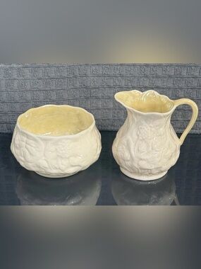 MCM Belleek White Lotus China Creamer 8
Sugar Set Glossy Model 0857 Green Mark